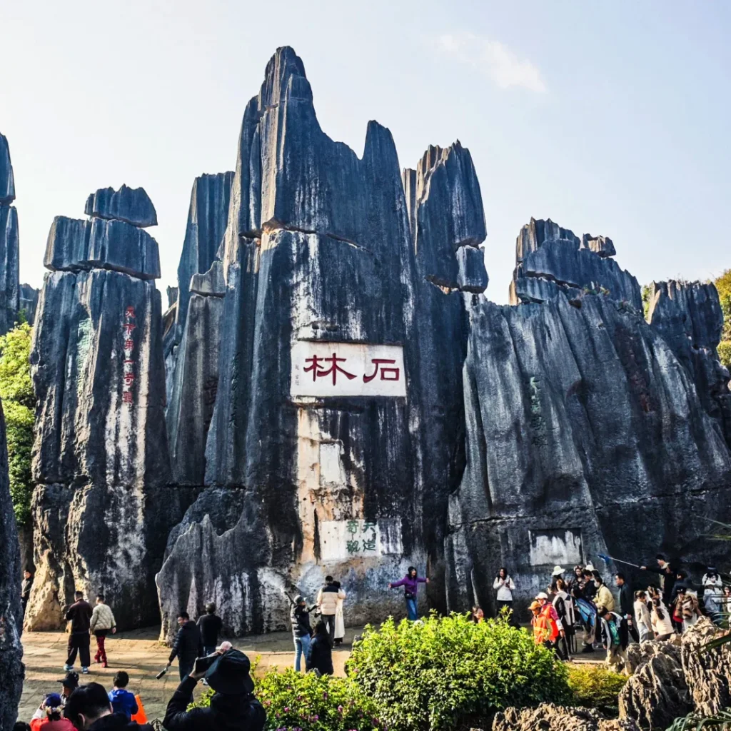stone forest 雲南昆明石林風景區巨大的劍狀喀斯特地形岩石,中央刻有紅色「石林」二字,前方有遊客參觀。